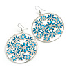Silver Plated Teal Coloured Enamel Floral Hoop Earrings - 7.5cm Length