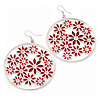 Silver Plated Red Enamel Floral Hoop Earrings - 7.5cm Length