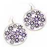 Silver Plated Purple Enamel Floral Hoop Earrings - 7.5cm Length