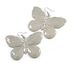 Large Light Grey Enamel 'Butterfly' Drop Earrings In Silver Finish - 5cm Length