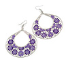 Large Teardrop Purple Enamel Floral Hoop Earrings In Silver Finish - 8cm Length