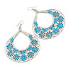 Large Teardrop Teal Coloured Enamel Floral Hoop Earrings In Silver Finish - 8cm Length