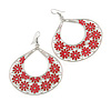 Large Teardrop Red Enamel Floral Hoop Earrings In Silver Finish - 8cm Length