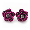 Small Deep Pink Enamel Diamante 'Rose' Stud Earrings In Silver Finish - 10mm Diameter