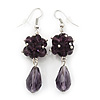 Purple Glass Beaded Drop Earrings In Silver Plating - 5.5cm Length