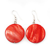 Brick Red Shell 'Coin' Drop Earrings In Silver Finish - 4cm Length