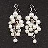 White Faux Pearl Cluster Drop Earrings In Silver Finish - 7cm Length