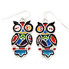 Funky Multicoloured Enamel Owl Drop Earrings In Silver Tone Metal - 4cm Length