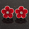 Children's  Red 'Daisy' Stud Earrings With Clear Crystal - 13mm Diameter