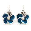 Small Blue Enamel Diamante 'Flower' Drop Earrings In Silver Finish - 2.5cm Length