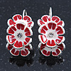C-Shape White/ Red Enamel Floral Earrings In Silver Tone With Leverback Closure - 30mm L