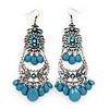 Long Blue Bead Diamante Chandelier Earring In Silver Plating - 10.5cm Drop