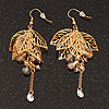 Gold Plated Leaves & Crystals Dangle Earrings - 8cm Length