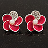 Small Deep Pink Enamel Diamante 'Flower' Stud Earrings In Silver Finish - 15mm Diameter