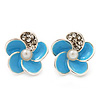 Small Light Blue Enamel Diamante 'Flower' Stud Earrings In Silver Finish - 15mm Diameter