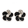 Small Black Enamel Diamante 'Flower' Stud Earrings In Silver Finish - 15mm Diameter