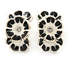 C-Shape White/ Black Enamel 'Floral' Stud Earrings In Silver Tone - 25mm L