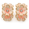 C-Shape Cream/ Pink Enamel 'Floral' Stud Earrings In Gold Tone - 25mm L