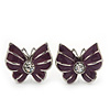 Small Purple Enamel Diamante Butterfly Stud Earrings In Silver Finish - 18mm Length