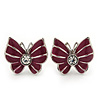 Small Raspberry Enamel Diamante Butterfly Stud Earrings In Silver Finish - 18mm Length