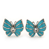 Small Light Blue Enamel Diamante Butterfly Stud Earrings In Silver Finish - 18mm Length