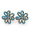 Light Blue Enamel Dimensional Floral Stud Earrings In Gold Plated Metal - 2.5cm in diameter