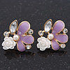 Lavender Enamel Diamante 'Rose' Stud Earring In Gold Plating - 2cm Diameter