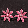 Pink Enamel Flower Stud Earrings In Silver Plating - 25mm Diameter