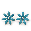 Light Blue Enamel Flower Stud Earrings In Silver Plating - 25mm Diameter