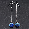 Sapphire Blue/ Clear Crystal Ball Chain Drop Earrings In Silver Plating - 10mm Diameter/ 6.5cm Length