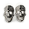 Small Dazzling Black/White Crystal Skull Stud Earrings In Silver Plating - 2cm Length