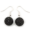 Black Crystal Ball Drop Earrings In Silver Plated Finish - 12mm Diameter/ 3cm