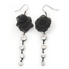 Black Mesh Crystal 'Rose' Drop Earrings - 8cm Length