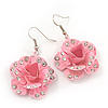3D Light Pink Diamante 'Rose' Drop Earrings In Silver Plating - 5cm Length
