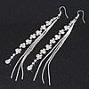 Long Silver Plated Clear Diamante 'Tassel' Drop Earrings - 11cm Length