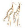 Long Gold Plated Clear Diamante 'Tassel' Drop Earrings - 11cm Length