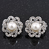 Classic Diamante Simulated Pearl Clip On Earrings In Silver Plating - 17mm Diameter