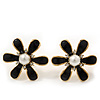 Black Enamel Simulated Pearl Flower Stud Earrings In Gold Plating - 2cm Diameter