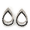 Black/Clear Crystal Open Teardrop Stud Earrings In Silver Plating - 3cm Length