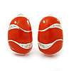 C-Shape Orange Enamel Diamante Clip-On Earrings In Rhodium Plating - 18mm Length