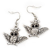 Burn Silver Crystal 'Owl' Drop Earrings - 4cm Length