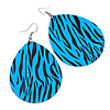 Long Blue 'Zebra Print' Teardrop Metal Earrings - 6.5cm Length