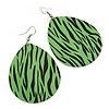 Long Green 'Zebra Print' Teardrop Metal Earrings - 6.5cm Length