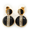 Black Enamel Diamante Dome Shape Drop Earrings In Gold Plating - 2.5cm Length