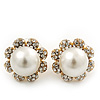 Classic Diamante Faux Pearl Flower Stud Earrings In Gold Plating - 18mm Diameter