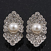 Exotic Diamante Faux Pearl Stud Earrings In Rhodium Plating - 2.5cm Length