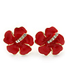 Hot Red Enamel Diamante 'Daisy' Stud Earrings In Gold Plating - 2cm Diameter