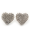 Romantic Pave-Set Diamante 'Heart' Stud Earrings In Silver Plating - 2cm Length