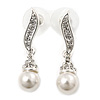 Prom Diamante Simulated Pearl Drop Earrings In Rhodium Plating - 3.5cm Length