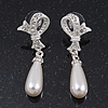 Clear Diamante Simulated Pearl Modern 'Bow' Drop Earrings In Rhodium Plating - 4.5cm Length